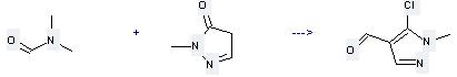 1H-Pyrazole-4-carboxaldehyde, 5-chloro-1-methyl- can be prepared by N,N-dimethyl-formamide and 2-methyl-2,4-dihydro-pyrazol-3-one by heating